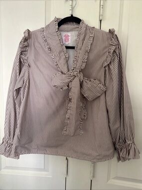 Elizabeth Wilson Striped Ruffle Tie-Neck Blouse in Brown and White